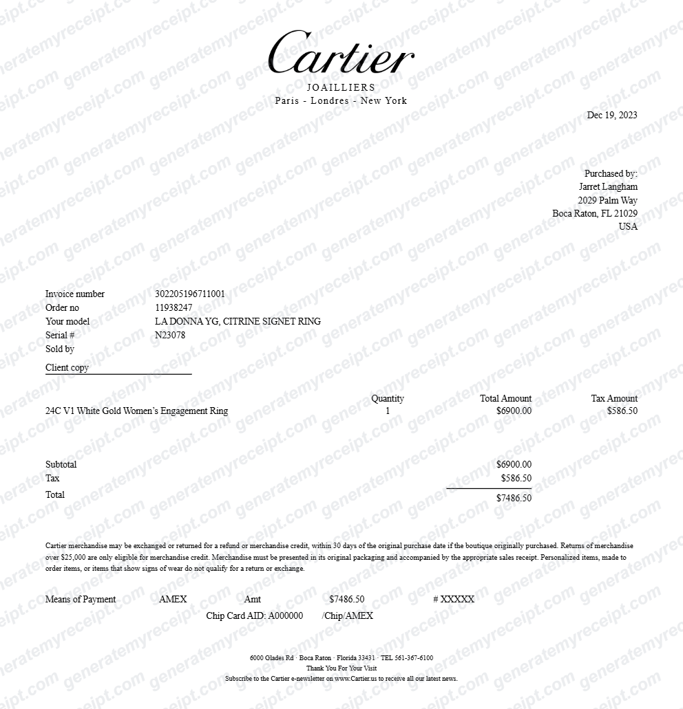 Cartier Receipt preview